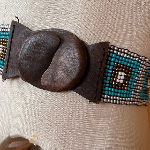 Vintage Beaded Stretch Belt Turquoise Wood Hook Western Boho 26”-34” main image 4